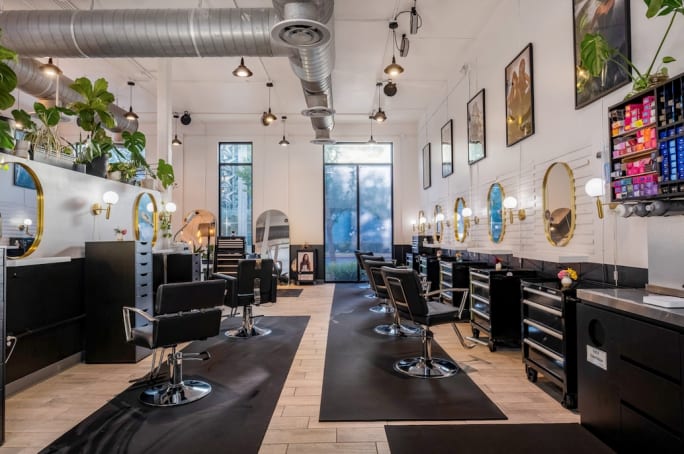 The light, bright plant-filled interior of Apotheca Lux Salon in Austin, Texas.