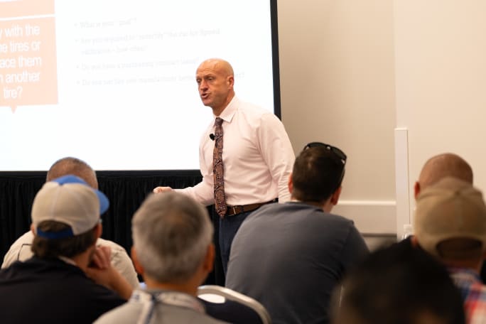 Sgt. Tom Gorman shares about tire care to a full room.