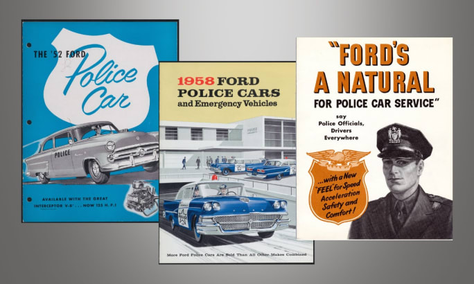 Vintage Ford Police Car marketing brochures from 1950s-1960s showcasing police vehicle designs