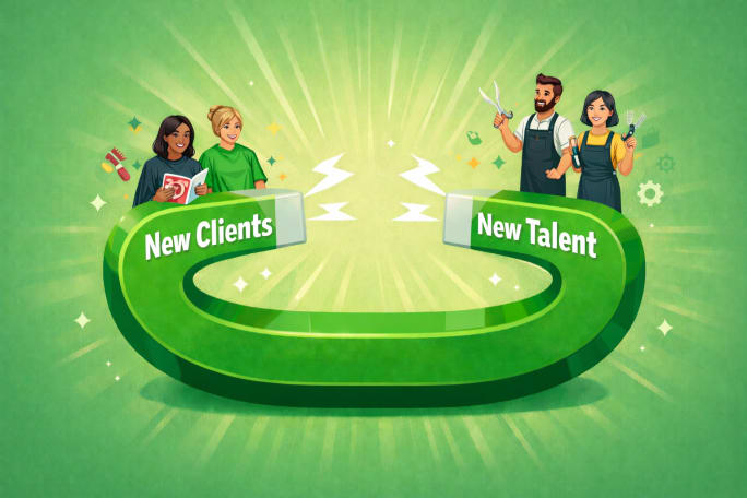 An illustration of a green magnet with clients on one end and stylists on the other with the energy in between.