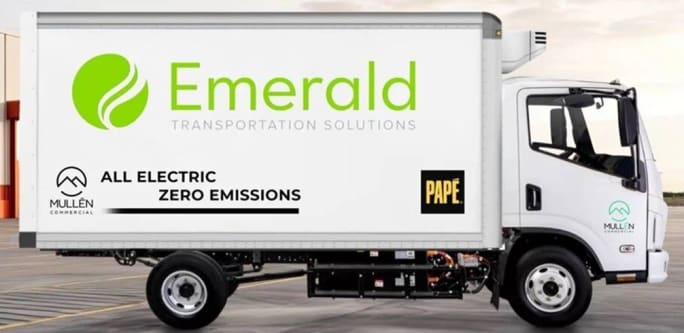 A graphic of a Mullen all-electric box truck with an Emerald Transportation Solutions.
