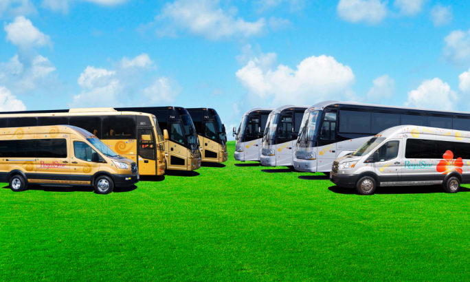 A graphic image of Royal Star Hawaii motorcoaches and transit vans.