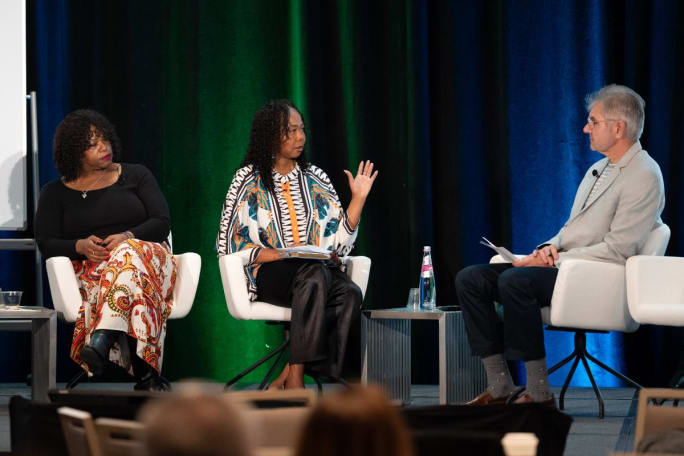 Two seminar participants talk to moderator.