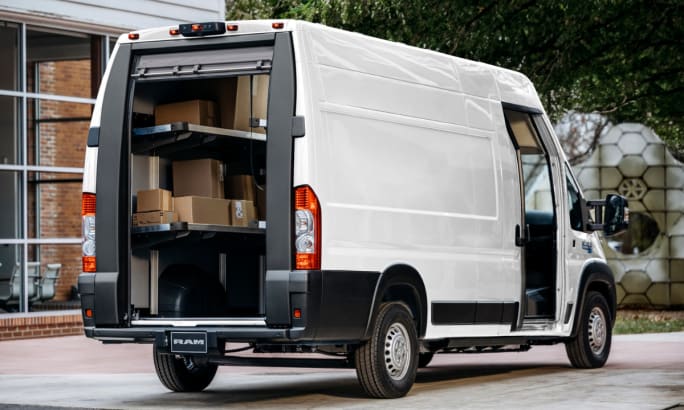 The back right side of a 2025 Ram ProMaster EV with delivery van upfits.