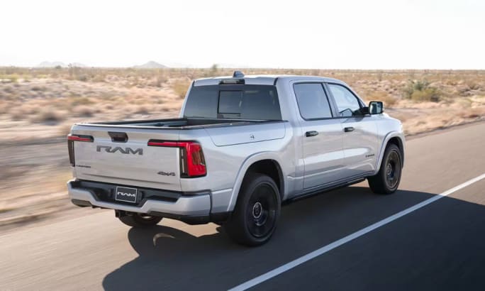 Back view of a light gray 2026 Ram 1500 Ramcharger.