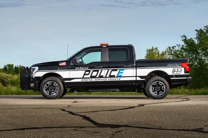 A Ford F-150 Lightning SSV is shown from a side profile.