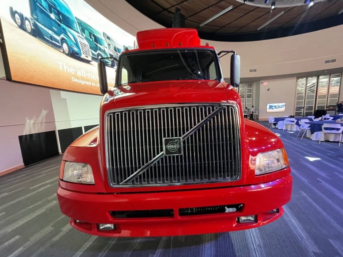 1996 Volvo VNL truck on display at the Volvo Customer Center in Dublin, Virginia.