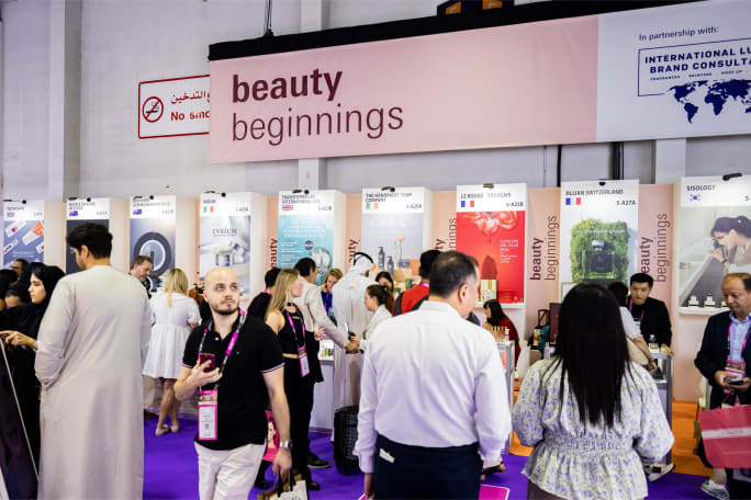 Crowded trade show floor with attendees walking through aisles at Beautyworld Middle East 2025.