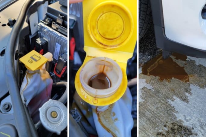 Three photos side by side show engine oil in the engine coolant reservoir and an engine oil and coolant mixture overflowing from the reservoir onto the ground.