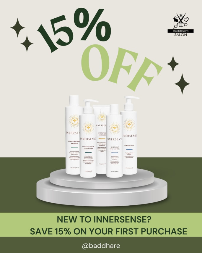 Salon retail promotion from Innersense Organic offering 15% off first-time Innersense purchases, showing how coordinated product campaigns support client loyalty and repeat visits.