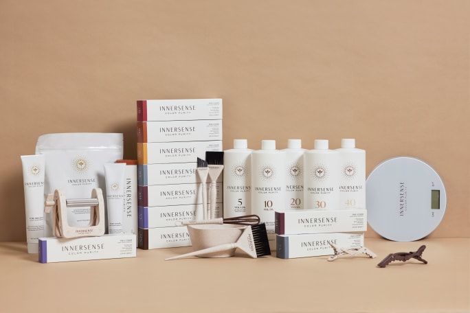 A group of hair color products.