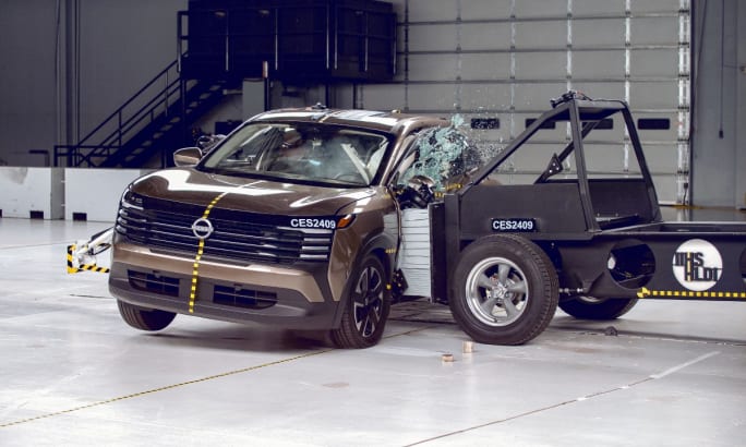 A bronze 2025 Nissan Kicks during the updated side crash test.