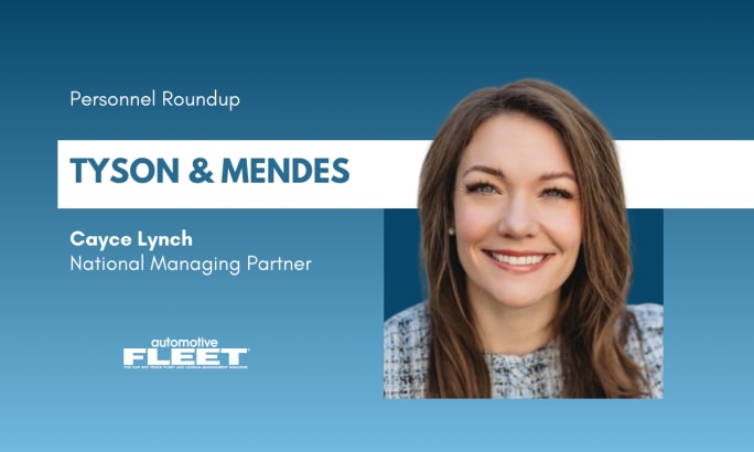 A blue and white graphic detailing Cayce Lynch's new position at Tyson & Mendes.