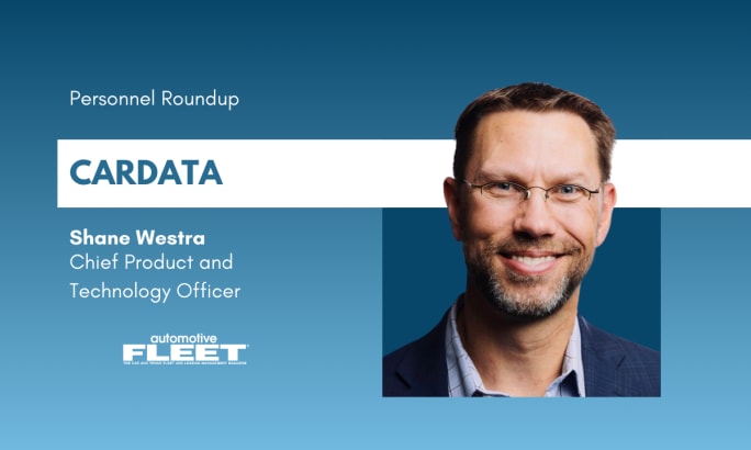 A blue and white graphic detailing Shane Westra's new position as CPTO at Cardata. 
