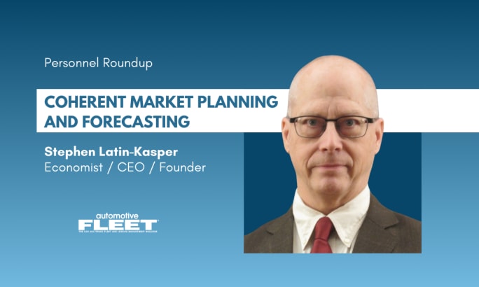 A blue and white graphic detailing Stephen Latin-Kasper's position and establishment of Coherent Market Planning and Forecasting.