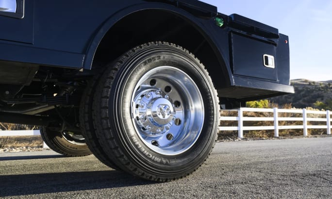 Up close image of a back tire on a 2025 Ram Chassis Cab.