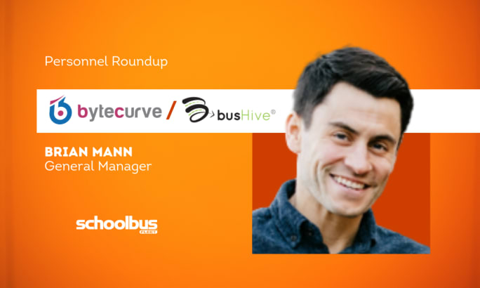 An orange and white graphic with a business portrait of Brian Mann.