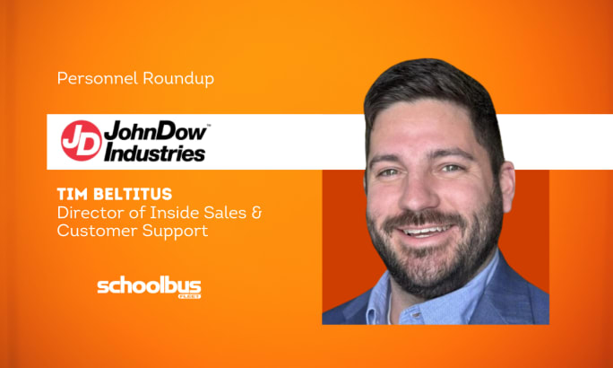 An orange and white graphic with a business portrait of Tim Beltitus.