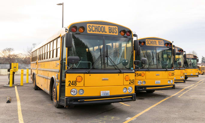 Line up of electric Thomas Built buses.