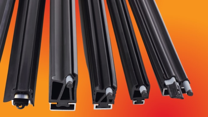 A red and orange graphic with anti-pinch door sensor products.