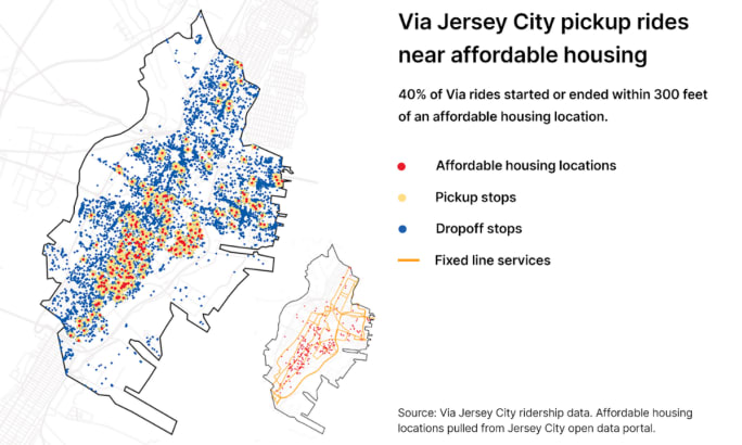 A map and of Via Jersey City pickup rides near affordable housing.