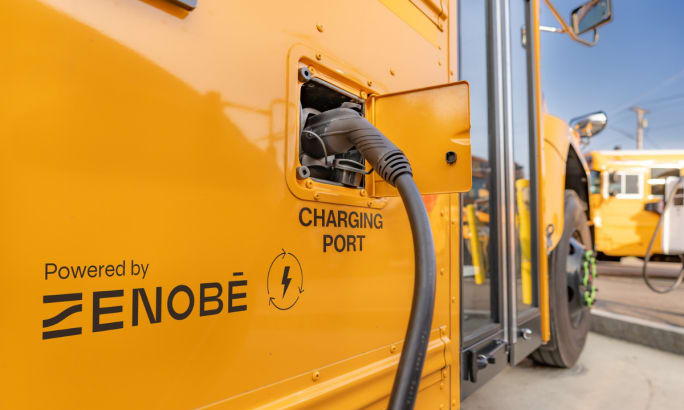 Macro image of Zenobe charging infrastructure connected to a school bus.