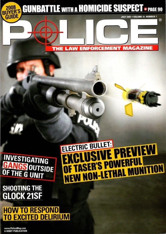 Police magazine cover featuring tactical officer aiming weapon with Taser preview