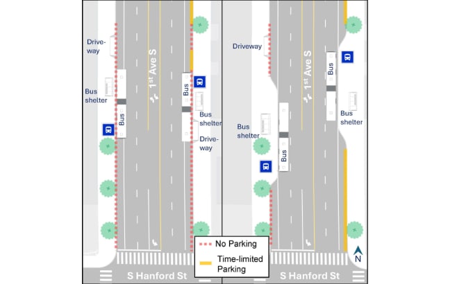 A map detailing bus service changes to First Avenue South located north of South Hanford Street.