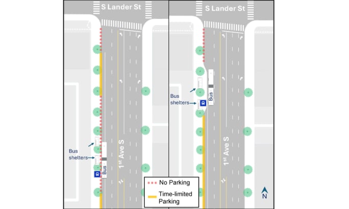 A map detailing bus service changes to First Avenue South located south of South Lander Street