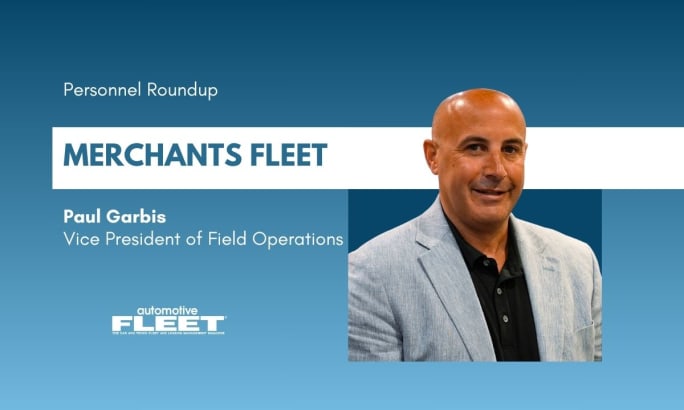 A blue and white graphic about Paul Garbis being promoted to VP of Field Operations at Merchants Fleet.