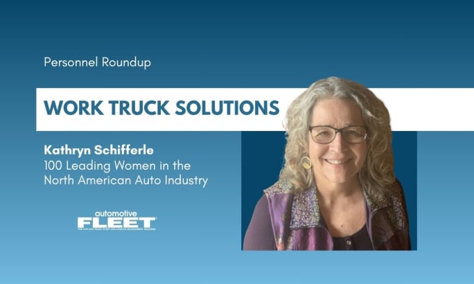A blue and white graphic about Kathryn Schifferele being recognized among 100 Leading Women in the North American Auto Industry by Automotive News.