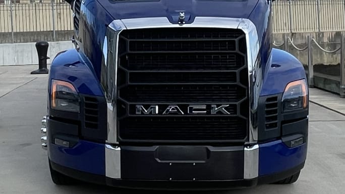 Front grille of blue Mack Pioneer truck
