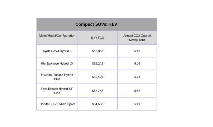 Chart analyzing vehicle ownership costs and carbon emissions.