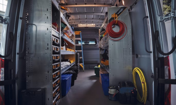 Interior view of an upfitted Mercedes-Benz van.