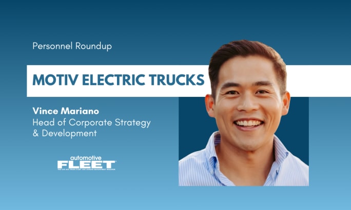 A blue and white graphic about Vine Mariano joining Motiv Electric Trucks.