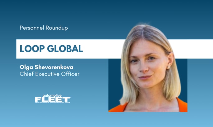 A blue and white graphic about Olga Shevorenkova joining Loop Global.