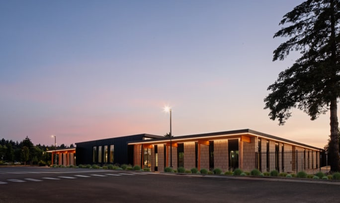 Exterior dusk shot of C-TRAN's new campus expansion in Vancouver, Washington.