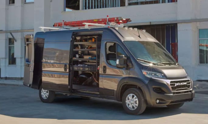A dark gray Ram ProMastrer 1500 cargo van.