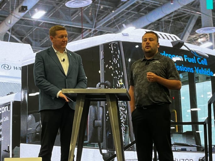 Steven Boyer, vice president, commercial at Hyzon, and Tyler White, product manager, New Way trucks, speaking at ACT Expo in May. 