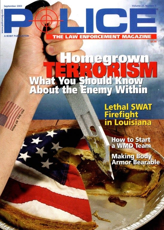 Police magazine cover about homegrown terrorism with American flag and knife imagery