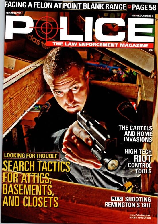 Police magazine cover featuring officer with handgun, discussing search tactics and law enforcement