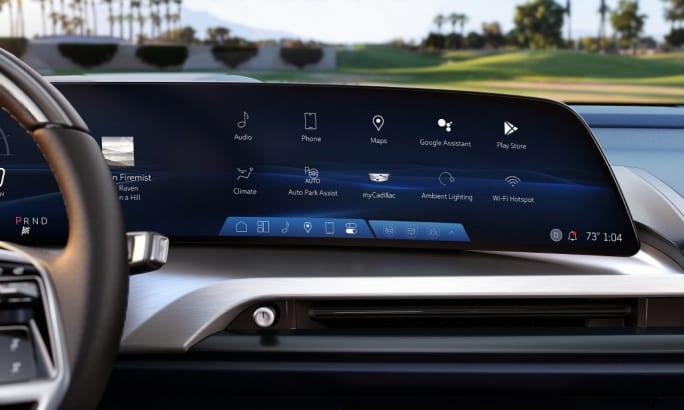 The infotainment scree inside a 2026 Cadillac Vistiq with a dark gray interior.