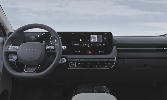 Black interior front dashboard of a 2025 Ioniq 5 electric vehicle.