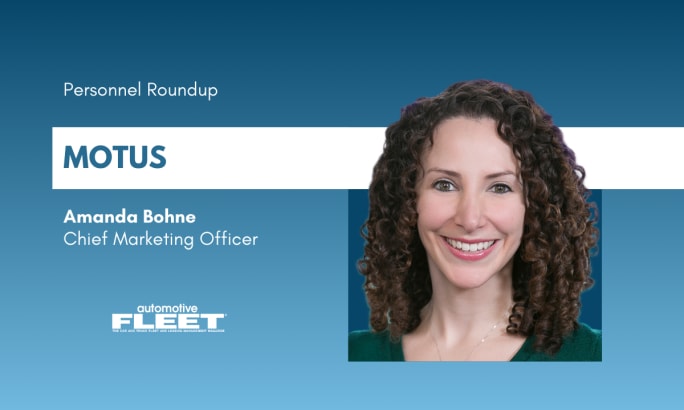 A blue and white graphic detailing Amanda Bohne's new role as chief marketing officer for Motus.