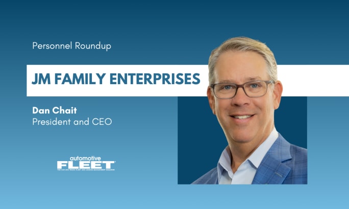 A blue and white graphic detailing Dan Chait as president and CEO of JM Family Enterprises. 