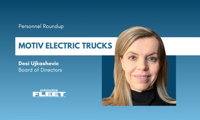 A blue and white graphic detailing Desi Ujkashevic as a new board member for Motiv Electric Trucks,