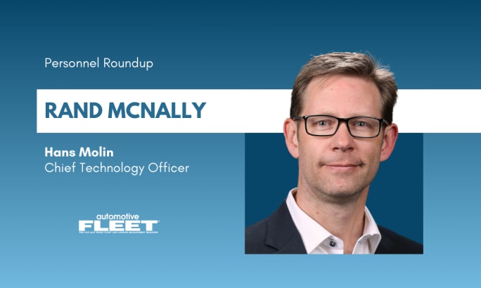 A blue and white graphic detailing Hans Molin as the new chief technology officer for Rand McNally. 