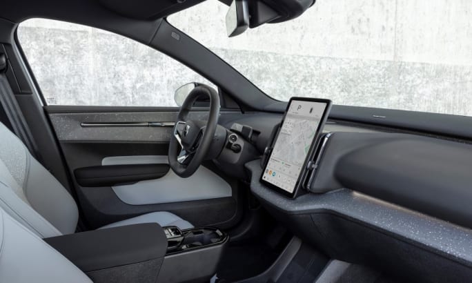 The front cabin interior of a 2025 Volvo EX30. 