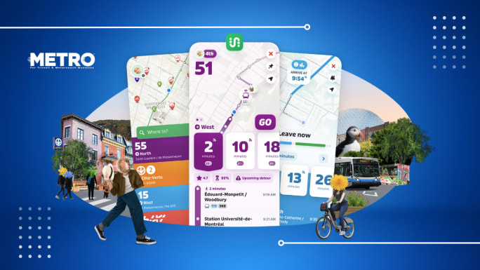 A blue and white graphic with examples of Transit's mobile interface.