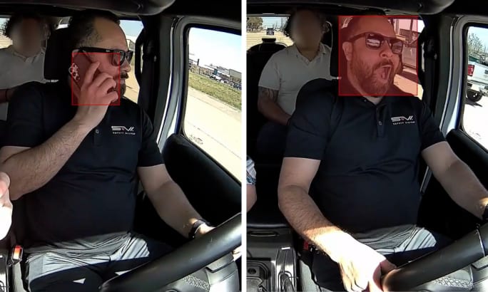 Real examples of Safety Vision's driver monitoring feed catching risky behaviors like yawning and phone use.